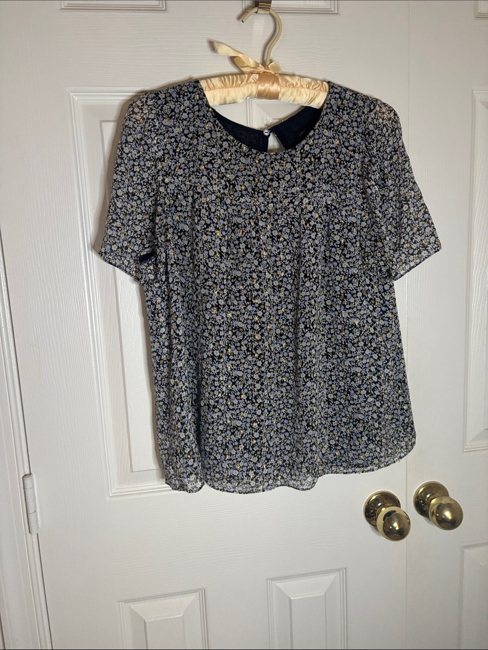 J. Crew Navy Floral Short-Sleeve Blouse with White & Gold Accents